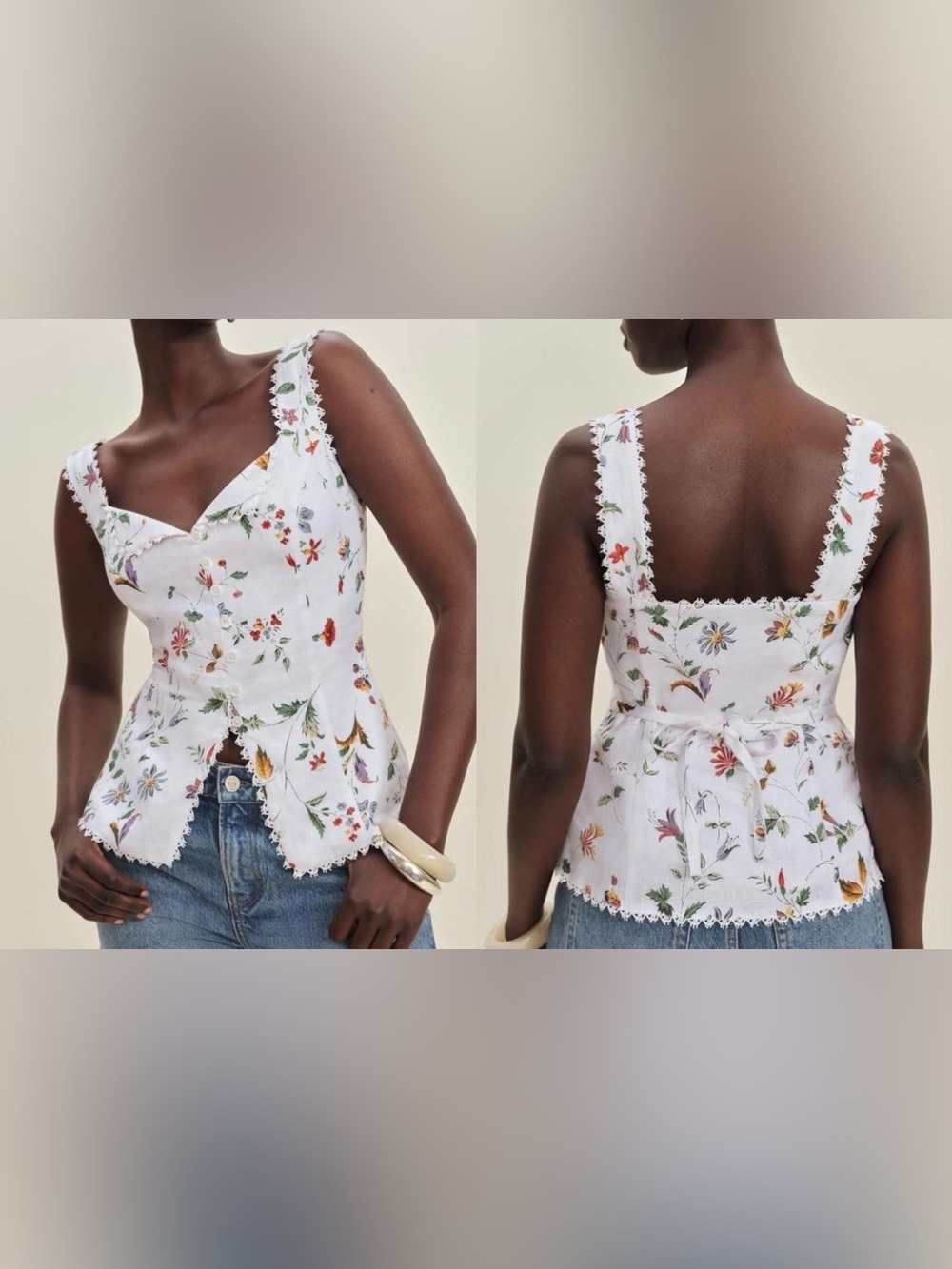 Jason Wu White Floral Button-Front Lace-Trim Linen Tank
